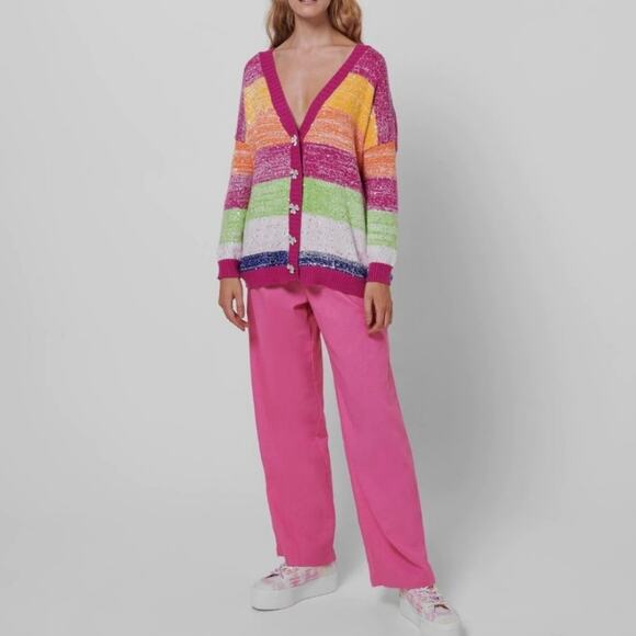 Olivia Rubin Mika Cardigan Sweater in Multicolor Stripe Silver Sequin Size Large - Picture 5 of 14